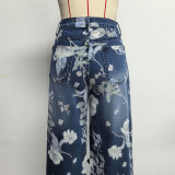 Women's Floral Print High-Waist Straight Leg Denim Jeans