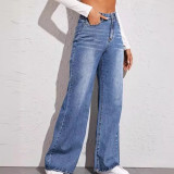 Women's Water-Washed Cat Whisker Fading High-Waist Relaxed Wide-Leg Denim Jeans