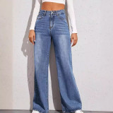 Women's Water-Washed Cat Whisker Fading High-Waist Relaxed Wide-Leg Denim Jeans