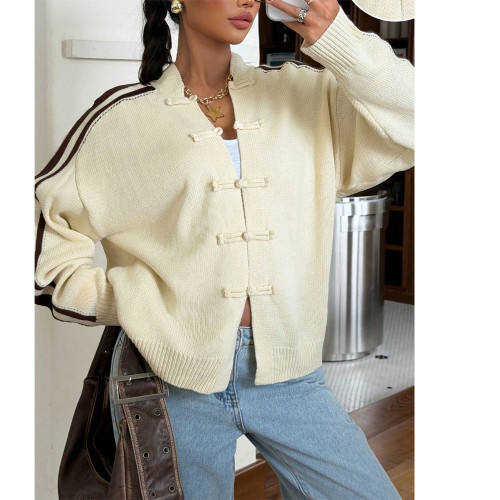 Vintage Color Block Striped Drop Shoulder Frog Button Knit Cardigan