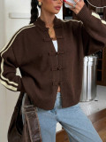 Vintage Color Block Striped Drop Shoulder Frog Button Knit Cardigan