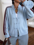 Vintage Color Block Striped Drop Shoulder Frog Button Knit Cardigan