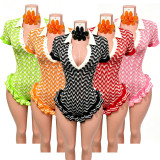 Hand-Knit Ruffle Trim Polo Collar Summer Romper Shorts