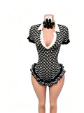 Hand-Knit Ruffle Trim Polo Collar Summer Romper Shorts