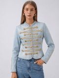 Round-Neck Button-Trim Denim Jacket
