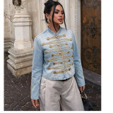 Round-Neck Button-Trim Denim Jacket