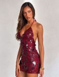 Sequin Deep V Neck Backless Dress Women