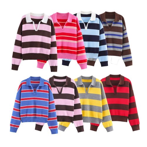 Striped Polo Collar Knit Sweater