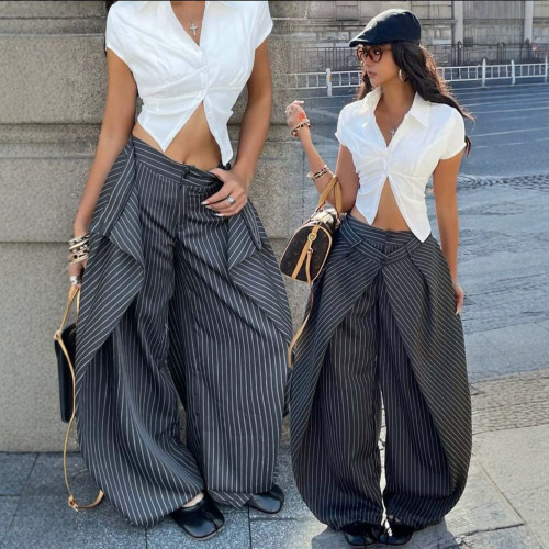 Asymmetric Pleated Striped Trousers