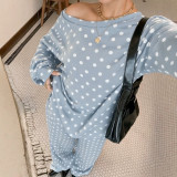 Polka Dot Off Shoulder Long Sleeve Asymmetric Top & Drawstring Pants