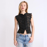 Lace Button Sleeveless Stand Collar Vest Top