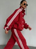 Neo-Chinese 3-Stripe Tracksuit Frog Button Retro Jacket & Wide Leg Pants Set