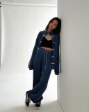 Neo-Chinese 3-Stripe Tracksuit Frog Button Retro Jacket & Wide Leg Pants Set