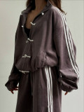 Neo-Chinese 3-Stripe Tracksuit Frog Button Retro Jacket & Wide Leg Pants Set