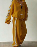 Neo-Chinese 3-Stripe Tracksuit Frog Button Retro Jacket & Wide Leg Pants Set