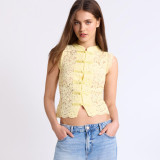 Lace Button Sleeveless Stand Collar Vest Top