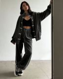 Neo-Chinese 3-Stripe Tracksuit Frog Button Retro Jacket & Wide Leg Pants Set