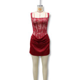 Women's Delicate Lace Patchwork Draped Spaghetti Strap Bodycon Dress