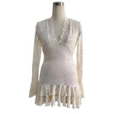 Lace V-Neck Double Layer Ruffle Hem Mini Dress