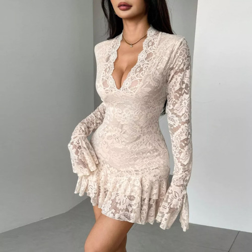Lace V-Neck Double Layer Ruffle Hem Mini Dress