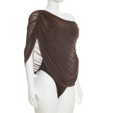 Mesh Ruched Off-the-Shoulder Loose Pleated Bodysuit