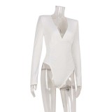 Deep V-Neck Padded Shoulder Bodysuit