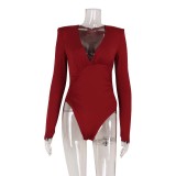 Deep V-Neck Padded Shoulder Bodysuit