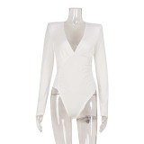 Deep V-Neck Padded Shoulder Bodysuit