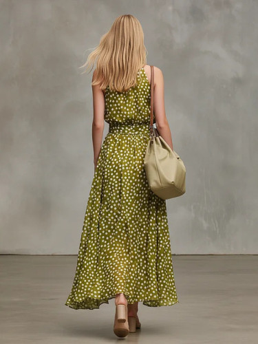 Elegant Lapel Sleeveless Polka Dot Chiffon Dress