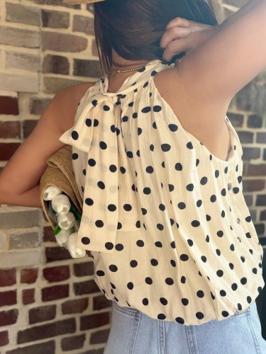 Crinkled Polka Dot Off-Shoulder Sleeveless Blouse