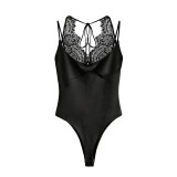 Elegant Lace Trim V-Neck Bodysuit with Tie-Back and Backless