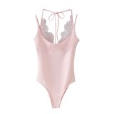 Elegant Lace Trim V-Neck Bodysuit with Tie-Back and Backless