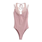 Elegant Lace Trim V-Neck Bodysuit with Tie-Back and Backless