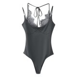 Elegant Lace Trim V-Neck Bodysuit with Tie-Back and Backless