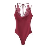 Elegant Lace Trim V-Neck Bodysuit with Tie-Back and Backless