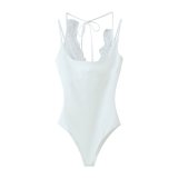 Elegant Lace Trim V-Neck Bodysuit with Tie-Back and Backless