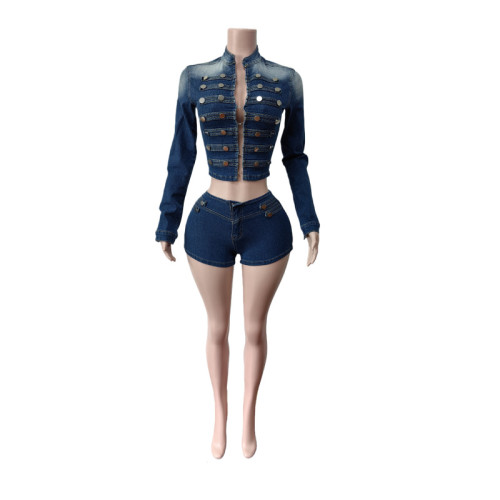 Stretchy Retro Women's Long-Sleeve Denim Shorts Set