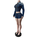 Stretchy Retro Women's Long-Sleeve Denim Shorts Set
