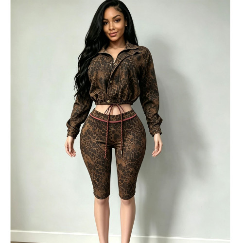 Autumn & Winter New Leopard Print Long-Sleeve Stretch Capris Set