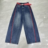 Unique Color-Block Wide-Leg Denim Pants