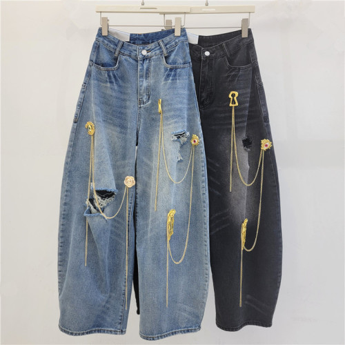 Vintage Chain-Decorated Wide-Leg Cropped Denim Pants