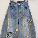 Vintage Chain-Decorated Wide-Leg Cropped Denim Pants