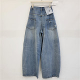 Vintage Chain-Decorated Wide-Leg Cropped Denim Pants