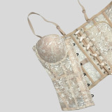 Elegant Court Style Lace Embroidered Corset Top with Front Buttons and Straps
