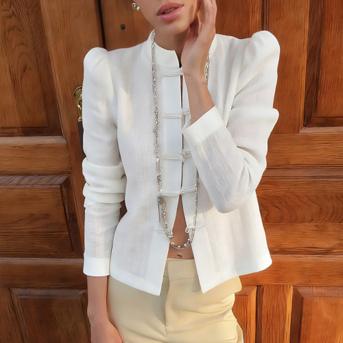 Cotton Lantern Sleeve Stand Collar Frog Button Shirt