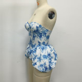 Sexy Printed Fish Tail Hem Corset Top with Underwire and Steel Bones