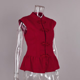 Cotton-Linen Chinese Style Frog Button Sleeveless Shirt with Ruffled Hem for Women