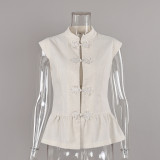 Cotton-Linen Chinese Style Frog Button Sleeveless Shirt with Ruffled Hem for Women