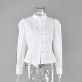 Cotton Lantern Sleeve Stand Collar Frog Button Shirt