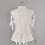 Cotton-Linen Chinese Style Frog Button Sleeveless Shirt with Ruffled Hem for Women